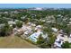 An aerial perspective of a modern home with a pool, situated in a vibrant neighborhood with distant city views at 2226 Grove St, Sarasota, FL 34239
