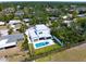 Aerial view of a modern home featuring a private pool and landscaped backyard, nestled within a suburban neighborhood at 2226 Grove St, Sarasota, FL 34239