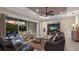 Relaxing living room with leather sofas, large glass doors, and a view of the pool at sunset at 5209 Lake Overlook Ave, Bradenton, FL 34208