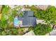 Aerial view of the property highlighting the backyard, pool, screened enclosure, and surrounding landscaping at 4175 Arrow Ln, Sarasota, FL 34232