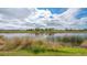 Waterfront view of a tranquil lake framed by waving grasses and a cloudy sky, creating a serene landscape at 10629 Nicklaus Ct, Englewood, FL 34223