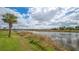 Scenic lake view with lush greenery, a palm tree, and a bright blue sky filled with fluffy white clouds at 10629 Nicklaus Ct, Englewood, FL 34223