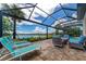 Screened patio with seating area, fire pit, and pool view at 6358 Rivo Lakes Blvd, Sarasota, FL 34241