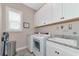 Laundry room with white cabinets, washer, dryer, and utility sink at 6358 Rivo Lakes Blvd, Sarasota, FL 34241