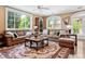 Spacious living room with leather sofas, coffee table, and large windows at 815 Tropical Cir, Sarasota, FL 34242