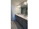 Modern bathroom featuring a double sink vanity with gray cabinets, a large mirror, and wood-look tile flooring at 3884 S Haberland Blvd, North Port, FL 34288