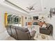 Living room with fireplace, TV, and sliding door entrance to backyard pool at 14526 17Th E Ave, Bradenton, FL 34212