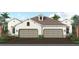 New construction home with a symmetrical facade, two-car garage, and lush tropical landscaping at 109 Corserra Dr, Nokomis, FL 34275