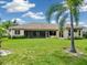 Spacious backyard with lush green grass, palm trees, and screened enclosure at 6747 Coyote Ridge Ct, Bradenton, FL 34201