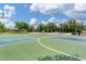 A large outdoor basketball court featuring painted lines and hoops surrounded by trees at 11492 Dancing River Dr, Venice, FL 34292