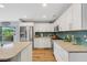 Updated kitchen with white cabinets, teal tile backsplash, and stainless steel appliances at 891 Faulkwood Ct, Sarasota, FL 34232