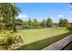 Landscaped backyard with pond view, visible through screen at 2824 Esmeralda Dr, Sarasota, FL 34243