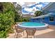 Inviting private backyard pool area featuring a curved pool, patio seating, and lush tropical landscaping at 1389 Harbor Dr, Sarasota, FL 34239
