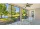 Relaxing screened patio with pond view and ceiling fan at 7546 Divot Loop, Lakewood Ranch, FL 34202