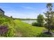 Expansive backyard with lush green grass, mature trees, and a tranquil lake view at 14480 Eagle Branch Dr, Nokomis, FL 34275