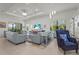 Bright living room with tray ceiling, neutral furniture, and large windows for natural light at 14480 Eagle Branch Dr, Nokomis, FL 34275