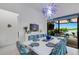 Bright dining room with white table, patterned chairs and view of backyard patio at 14480 Eagle Branch Dr, Nokomis, FL 34275