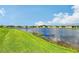 Green grassy backyard next to a pond at 9018 Sunray Cv, Parrish, FL 34219
