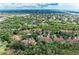 Expansive aerial view captures lush greenery, neighborhood homes with clay tile roofs, and distant water views at 264 Woods Point Rd, Osprey, FL 34229