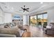 A relaxing living room with a plush sofa and sliding doors open to a covered patio at 14619 Leopard Creek Pl, Lakewood Ranch, FL 34202