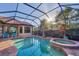 Beautiful backyard with a screened-in pool, spa, and well-manicured landscaping at 14619 Leopard Creek Pl, Lakewood Ranch, FL 34202
