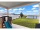 Covered patio overlooking a pond and grassy backyard at 7434 35Th E Ln, Sarasota, FL 34243