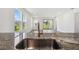 Close-up of a kitchen sink with granite countertops, offering a view of a bright living room and backyard at 774 Hillshire Pl, Spring Hill, FL 34609