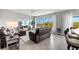 Spacious living room with leather sofas, a large TV, and stunning water views at 4013 Catalina Dr # 4013, Bradenton, FL 34210