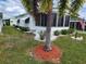 Landscaped exterior of home, featuring a palm tree and white siding at 5530 Denmark Dr, Bradenton, FL 34207