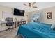 Bedroom with teal bedding, a home office setup, and sliding door access at 5819 2Nd Avenue Nw Dr, Bradenton, FL 34209