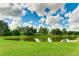 Serene pond view with lush green grass and mature trees under a partly cloudy sky at 3342 Founders Club Dr, Sarasota, FL 34240