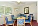 Bright dining area with glass-top table and blue upholstered chairs at 2020 Riverbluff Pkwy # V329, Sarasota, FL 34231