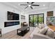 Relaxing living room featuring a fireplace, comfortable sofa and access to patio at 577 Venice Ln, Sarasota, FL 34242