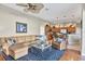 Comfortable living room with a leather sectional, stylish rug, and an open layout leading to the kitchen at 2921 Seasons Blvd, Sarasota, FL 34240