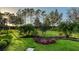 Lush backyard featuring manicured lawn, flowering bushes, mature trees, and neatly maintained garden beds at 7928 Matera Ct, Lakewood Ranch, FL 34202