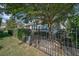Private backyard with a black fence, lawn and mature trees at 805 Molly Cir, Sarasota, FL 34232