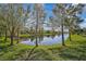 Scenic view of the pond with mature trees and lush green lawn at 805 Molly Cir, Sarasota, FL 34232