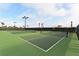 An outdoor tennis court featuring lights, surrounded by a black fence with green, and palm trees for recreational activities at 6771 Wild Lake Ter, Bradenton, FL 34212
