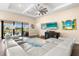 Spacious living room with large sectional sofa, wood floors, access to pool and large decorative ceiling fan at 17802 Eastbrook Ter, Lakewood Ranch, FL 34202