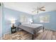 Light blue bedroom with a double bed and wood flooring at 808 53Rd E Ave # 278, Bradenton, FL 34203