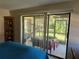 Bedroom with sliding glass doors leading to a screened patio and backyard at 3711 Pinecone Ct # 168, Sarasota, FL 34238