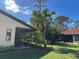 Backyard with screened patio, lush lawn, and palm trees at 3711 Pinecone Ct # 168, Sarasota, FL 34238