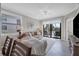 Living room with sliding glass doors leading to a balcony overlooking a lake at 17626 Gawthrop Dr # 201, Bradenton, FL 34211