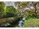 Scenic backyard view with mature trees, lush landscaping, and a tranquil stream at 1519 Pelican Point Dr # 292, Sarasota, FL 34231