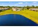 Scenic aerial view showcasing a serene lake and community pool surrounded by lush greenery at 2812 Heritage Ln # 2812, Bradenton, FL 34209