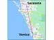 Map illustrating the distance from Sarasota to Venice, Florida, highlighting local roads and landmarks at 455 Park Trace Blvd, Osprey, FL 34229