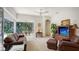 Bright Gathering room with leather furniture and view to relaxing screened patio at 9506 Royal Calcutta Pl, Lakewood Ranch, FL 34202