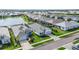 Aerial view of a luxury community with lakefront homes and private pools at 10180 Canaveral Cir, Sarasota, FL 34241
