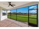 Screened patio with pavers, ceiling fan, and pond view at 13627 American Prairie Pl, Lakewood Ranch, FL 34211