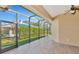 Relaxing screened patio overlooking backyard with tiled floor and ceiling fan at 3970 Serenity Cir, Sarasota, FL 34235